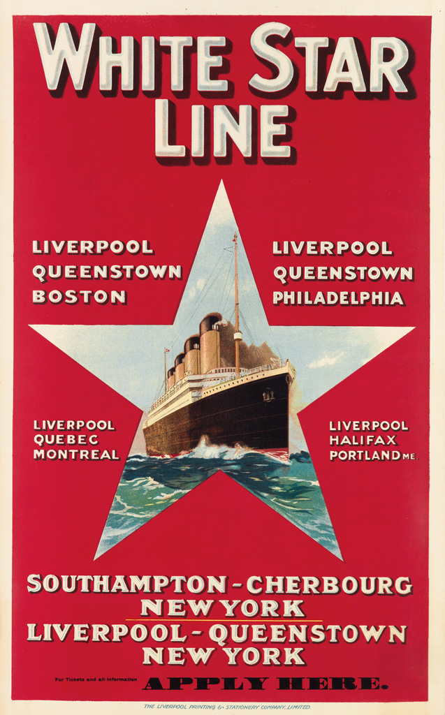 DESIGNER UNKNOWN. WHITE STAR LINE / [OLYMPIC.] Circa 1920s. 40x25 inches, 101x63 cm. The Liverpool Printing & Stationery Company, Limit